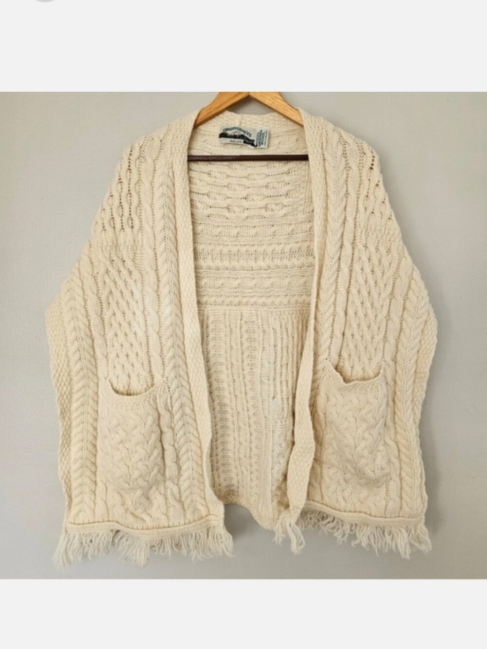 Aran Crafts Cream Cable-Knit Open Cardigan with Fringe